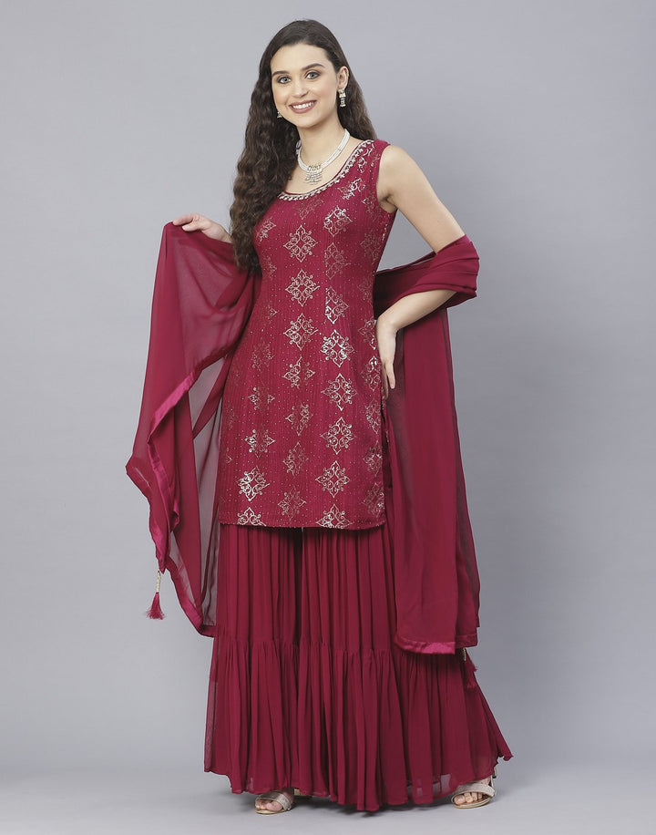 Bottle Green and Wine Art Crepe Salwar Kameez