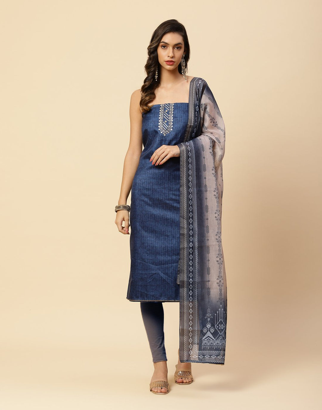 Embroidered Chanderi Suit Piece With Printed Chanderi Dupatta