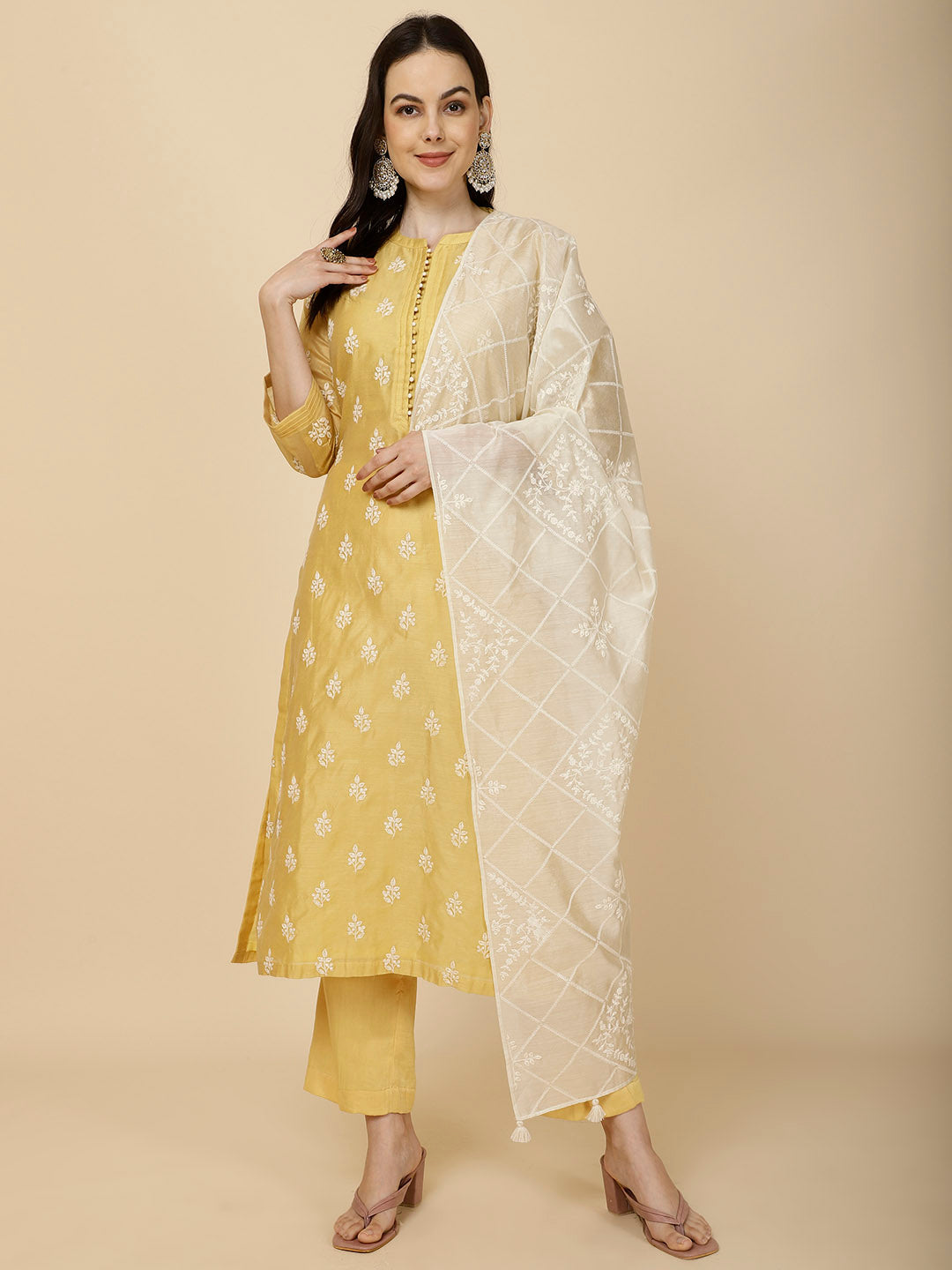 Resham Booti Embroidery Cotton Suit Set With Dupatta