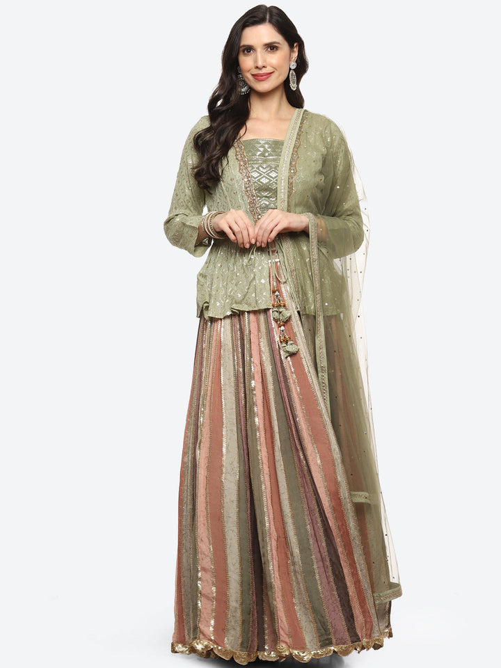 Resham Embroidered Georgette Choli Jacket With Lehenga &amp; Dupatta