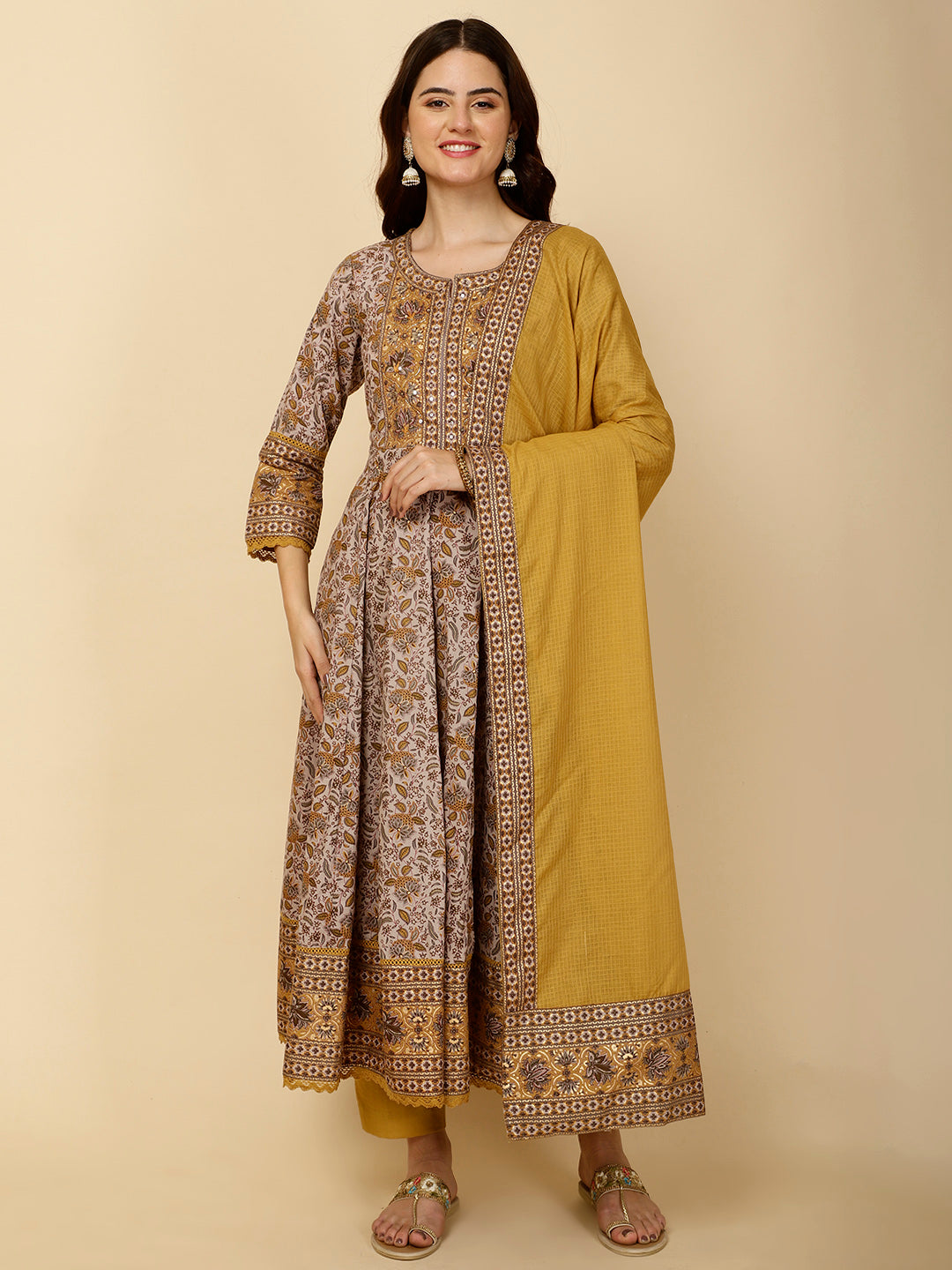 Floral Block Printed Anarkali Kurta With Pants &amp; Dupatta