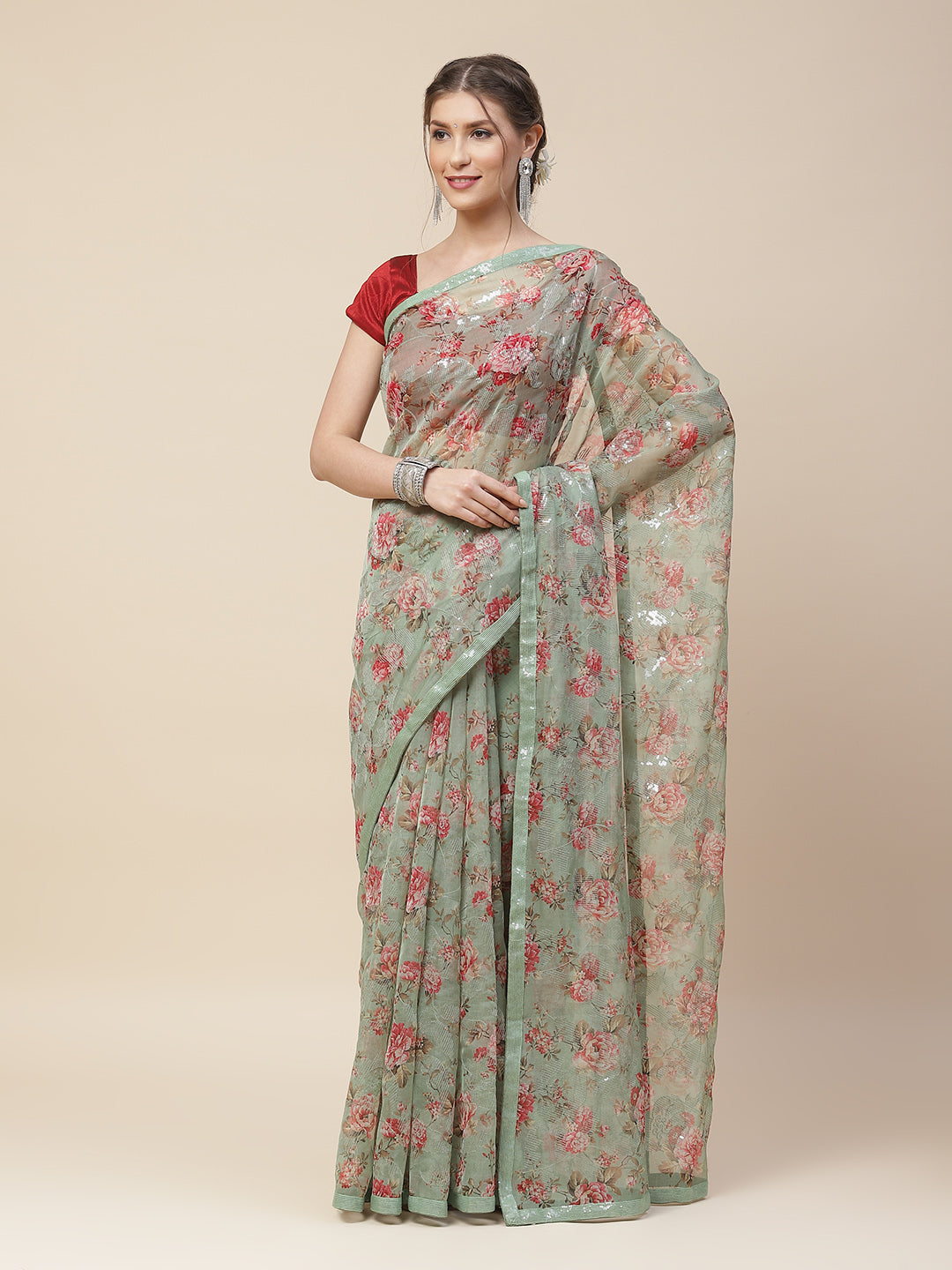 Floral Digital Printed Sequence Organza Saree