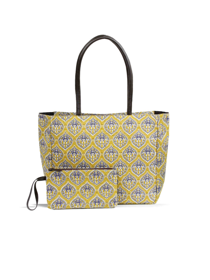 Yellow Printed Cotton Handbag With Pouch