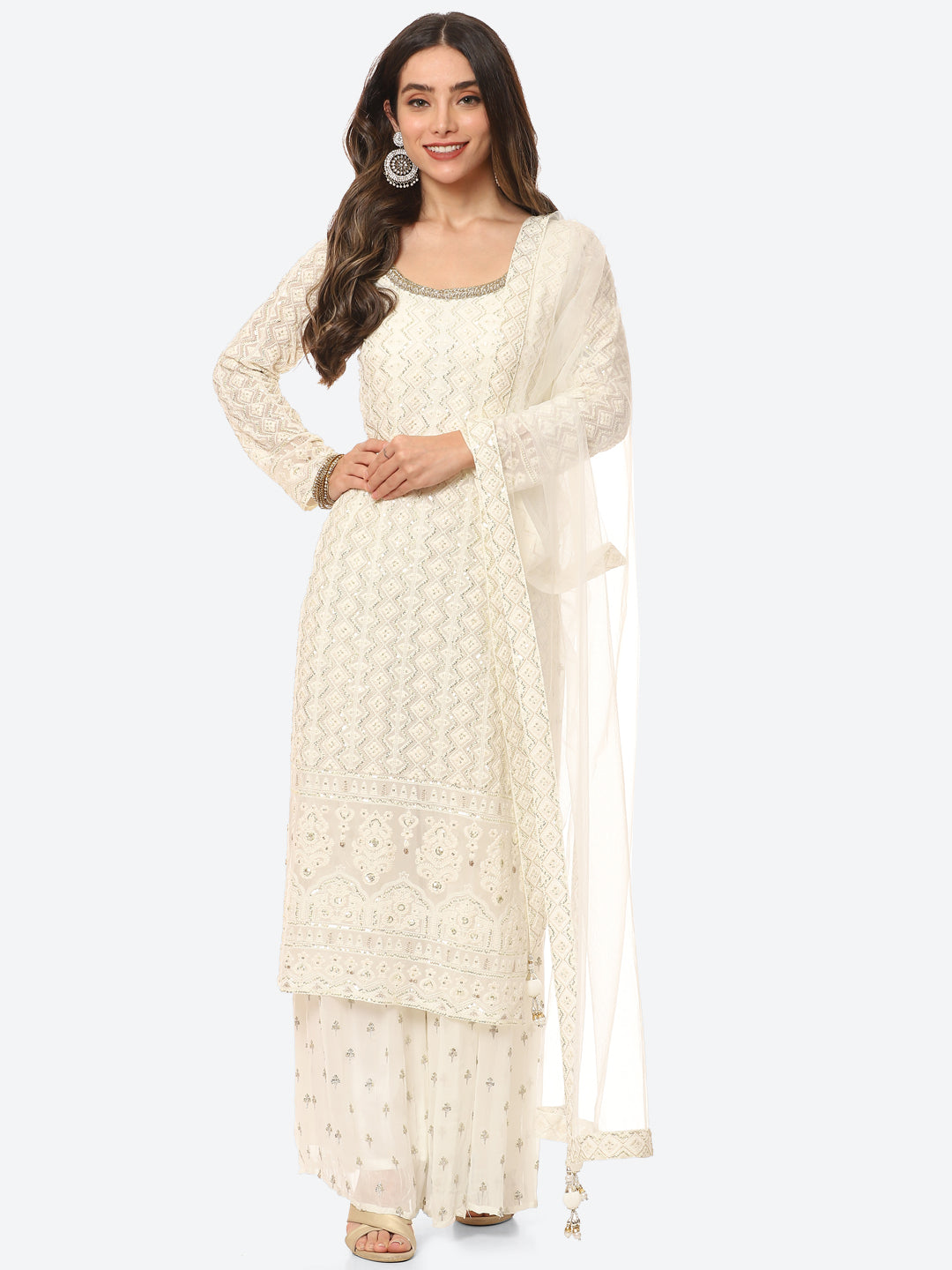 Resham Sequin Booti Georgette Kurta With Palazzo &amp; Net Dupatta