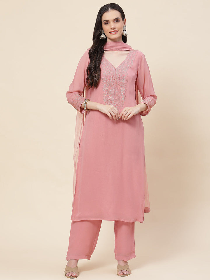 Neck Embellished Georgette Kurta With Palazzo &amp; Dupatta