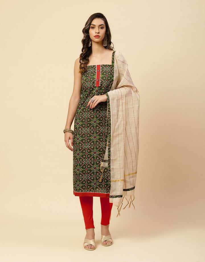 Printed Cotton Suit Piece With Kantha Work