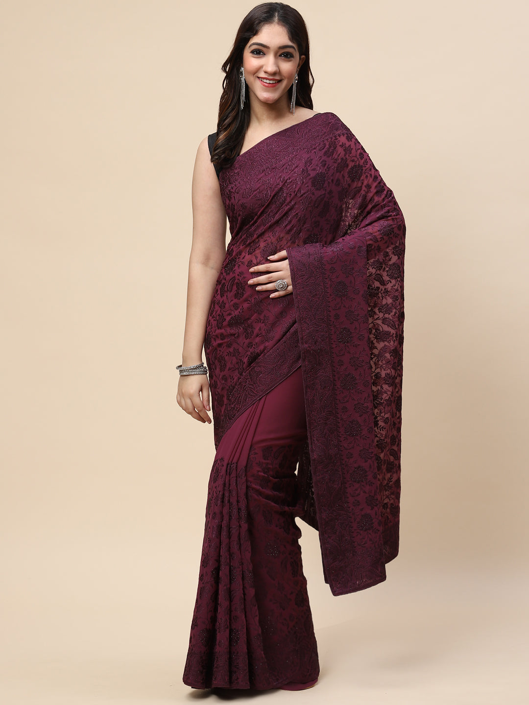 Floral Resham Jaal Embroidered Georgette Saree