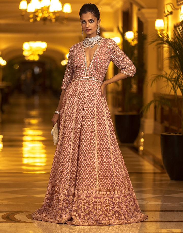 Mirror Work Embroidered Georgette Anarkali Salwar Kameez Stitched Suit