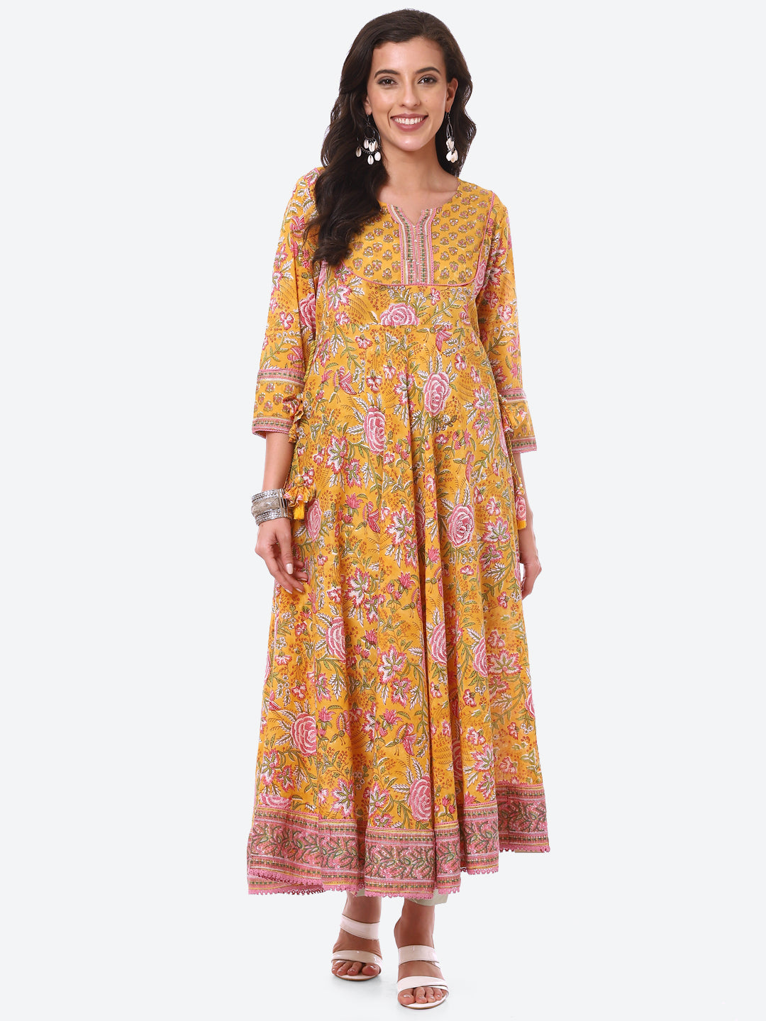 Sequin Work Yoke Floral Printed Cotton Anarkali Kurta