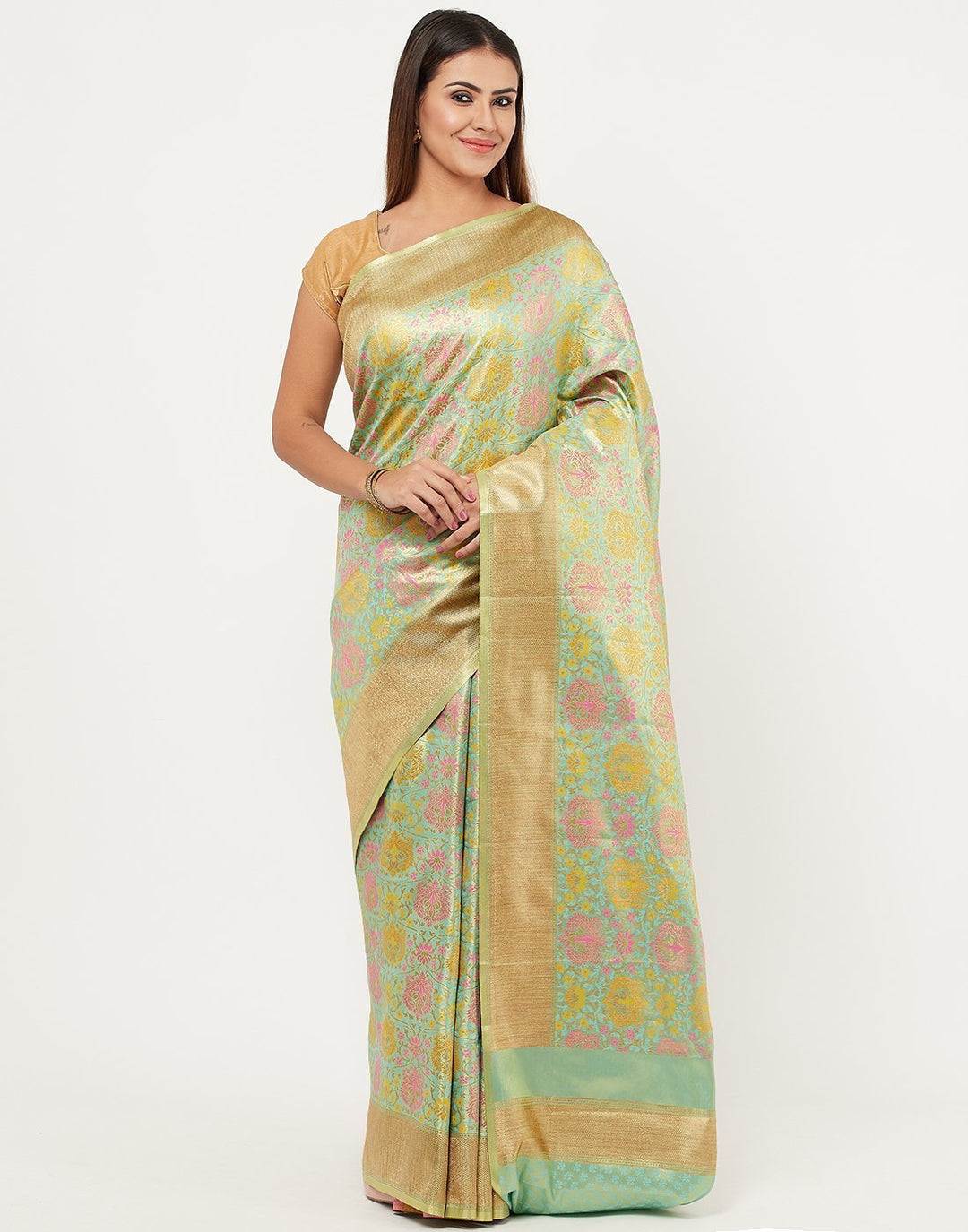 MBZ Meena Bazaar-Sea Green Banarasi Art Handloom Saree