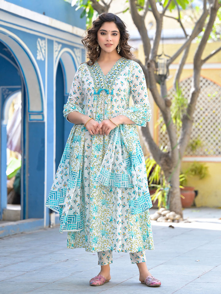Printed Cotton Kurta With Pants &amp; Dupatta