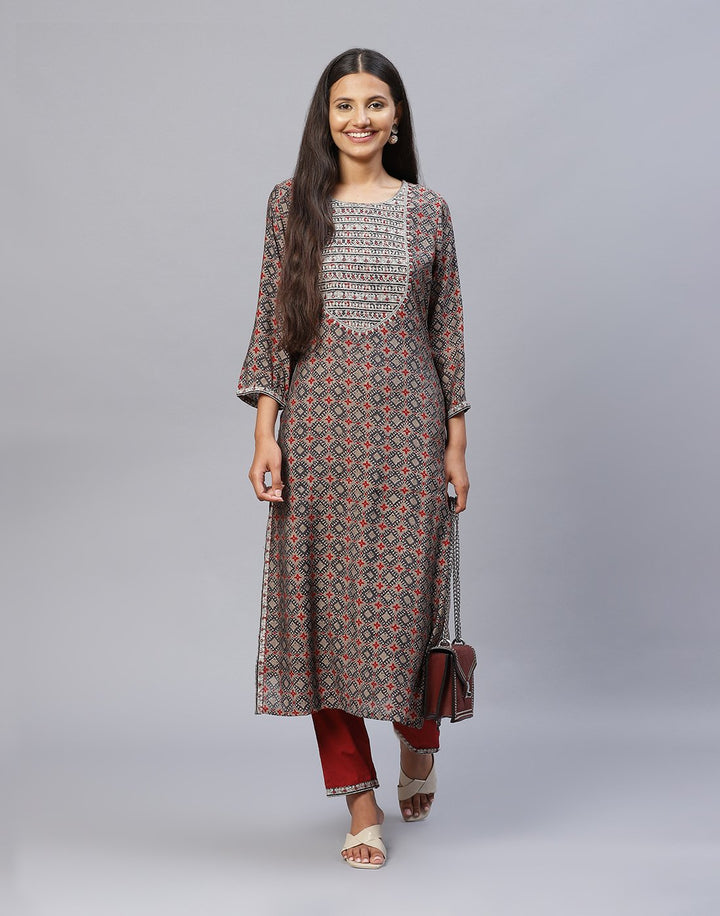 Yoke Embroidered Cotton Printed Kurti Pant Set