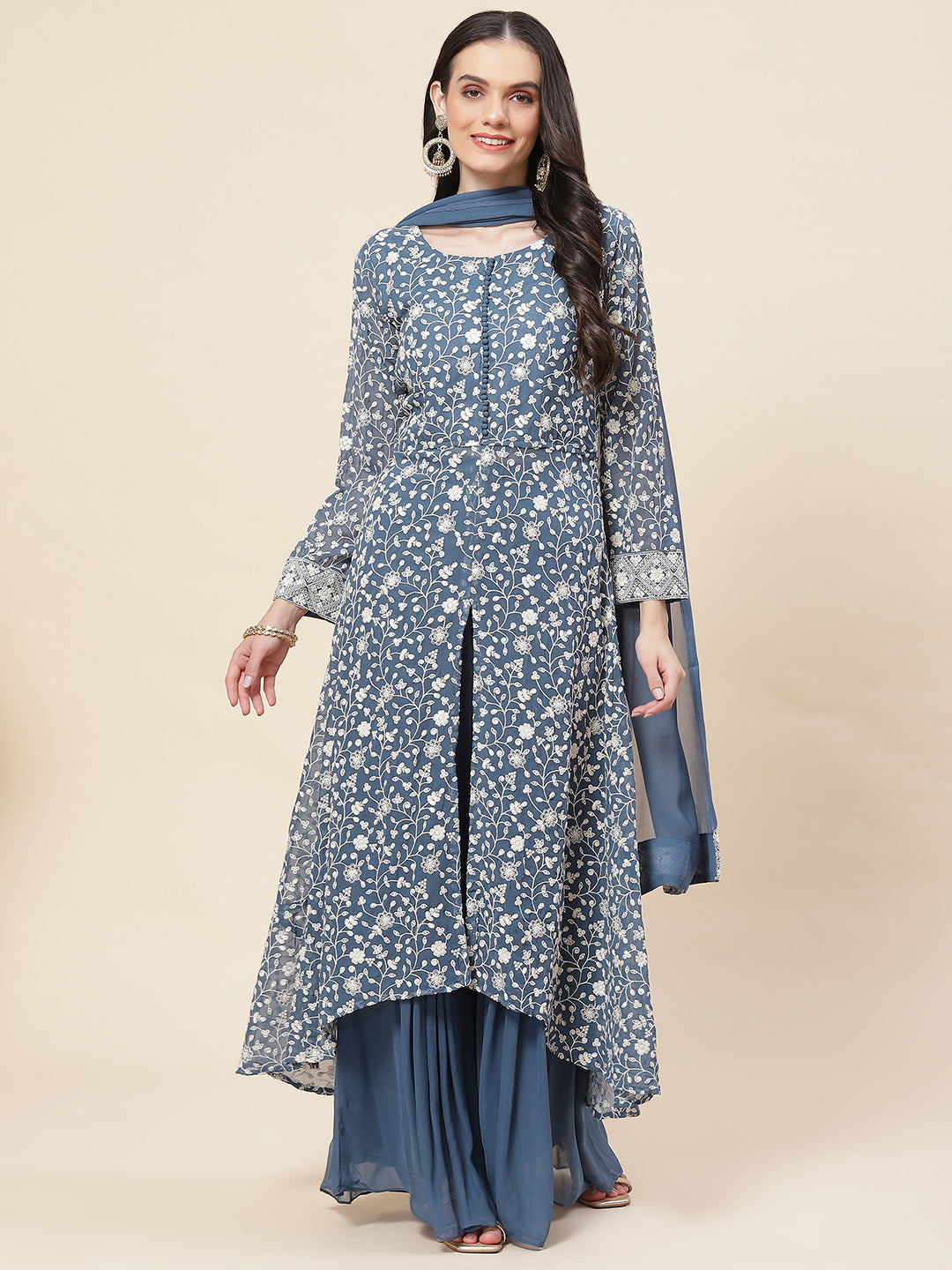 Embroidered Georgette Kurta With Palazzo &amp; Dupatta