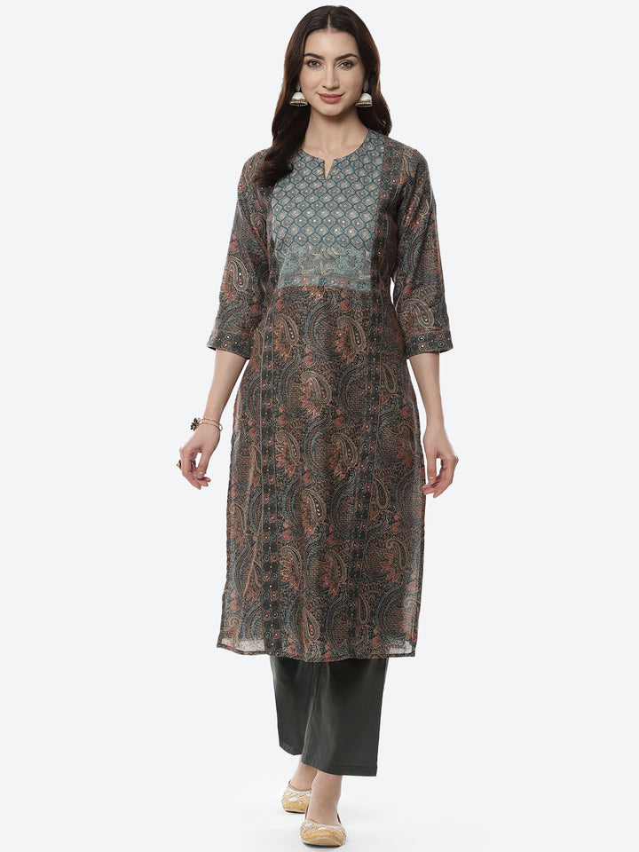 Printed Booti Chanderi Kurti With Pant
