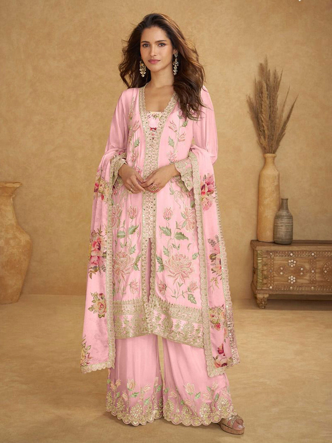 Embroidered Chinnon Kurta With Plazzo &amp; Dupatta