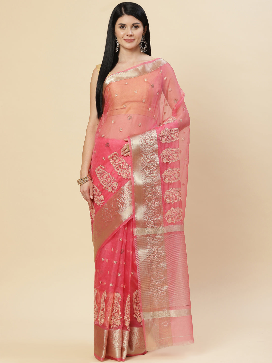 Embroidered Booti Organza Plain Saree