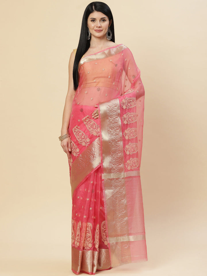 Embroidered Booti Organza Plain Saree