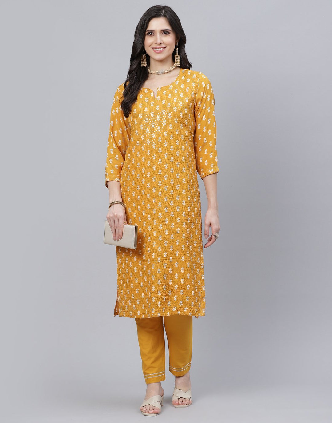 Printed Cotton Kurti Pant Set with Sequin Detail