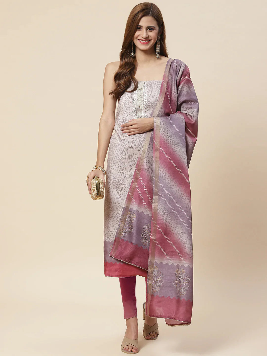 Neck Embroidered Art Tussar Unstitched Suit Piece With Dupatta