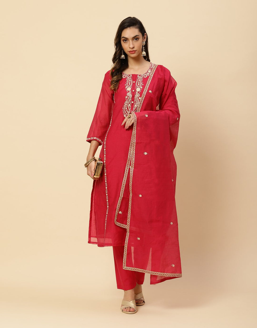 Embroidered Cotton Chanderi Salwar Kameez Stitched Suit With Chanderi Dupatta