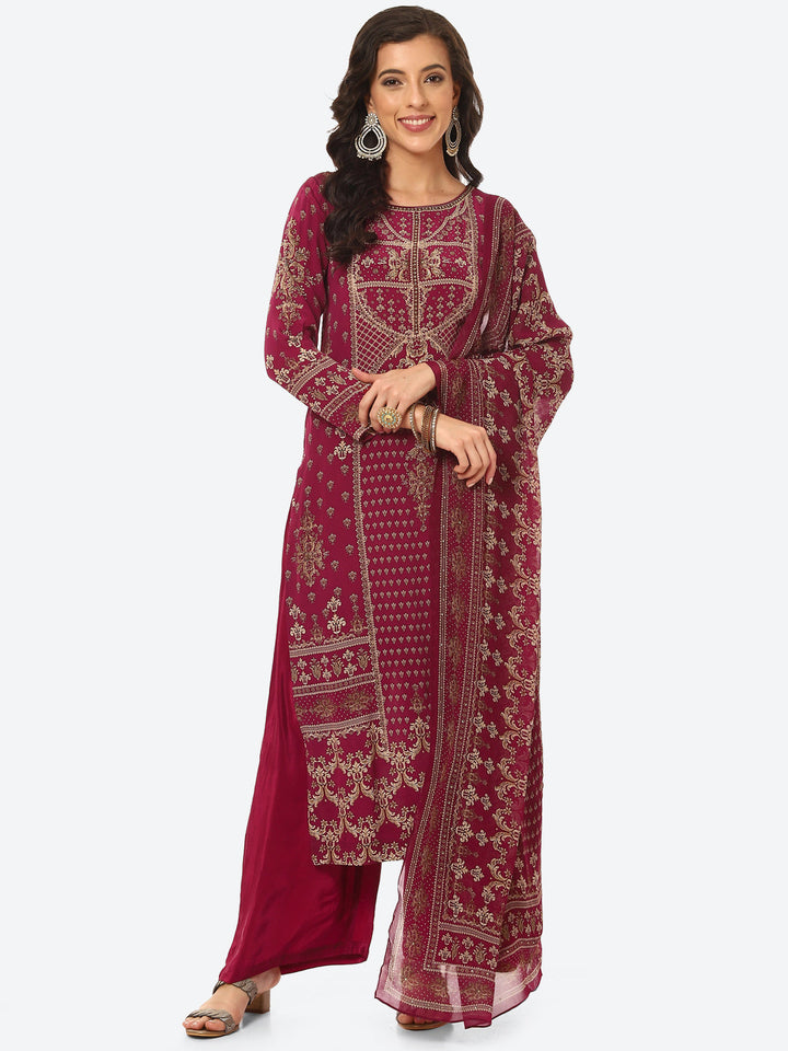 Digital Printed Crepe Kurta With Palazzo &amp; Georgette Dupatta
