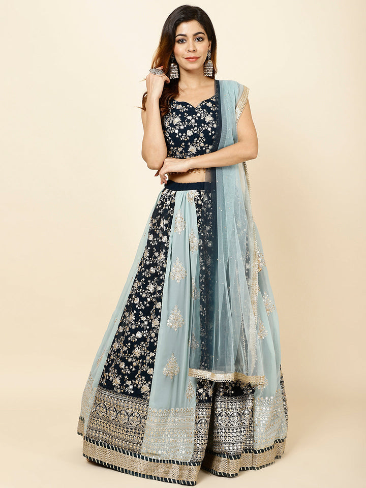 Zari Embroidered Georgette Choli With Lehenga &amp; Dupatta