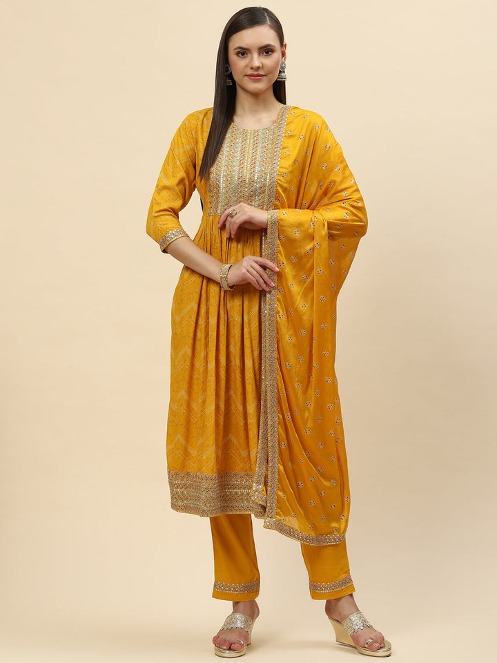 Digital Printed Cotton Kurta With Pants &amp; Dupatta
