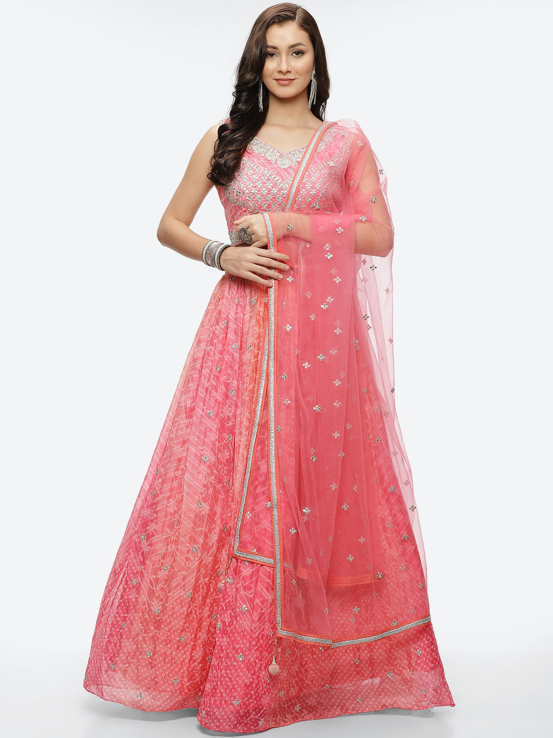 Zari Booti Embroidered Crepe Choli With Lehenga &amp; Net Dupatta
