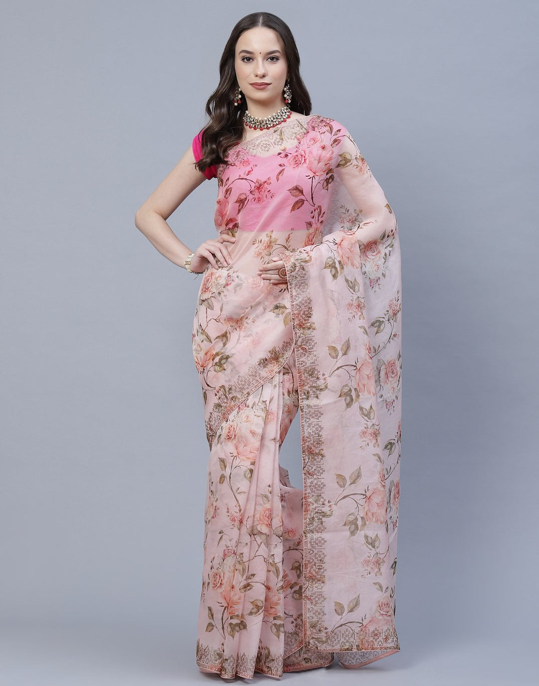 Digital Floral Printed Kora Saree with Stone Work Border