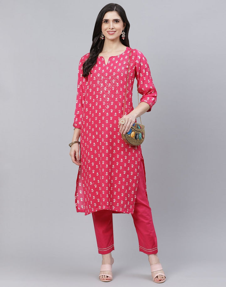 Printed Cotton Kurti Pant Set with Sequin Detail