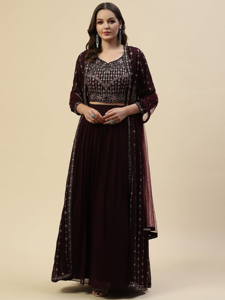 Resham Sequin Booti Georgette Choli Lahenga With Jacket &amp; Dupatta
