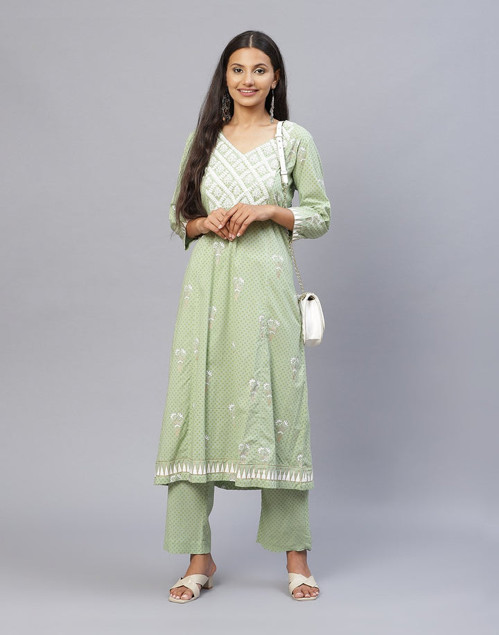 Yoke Embroidered Cotton Printed Kurti with Pant