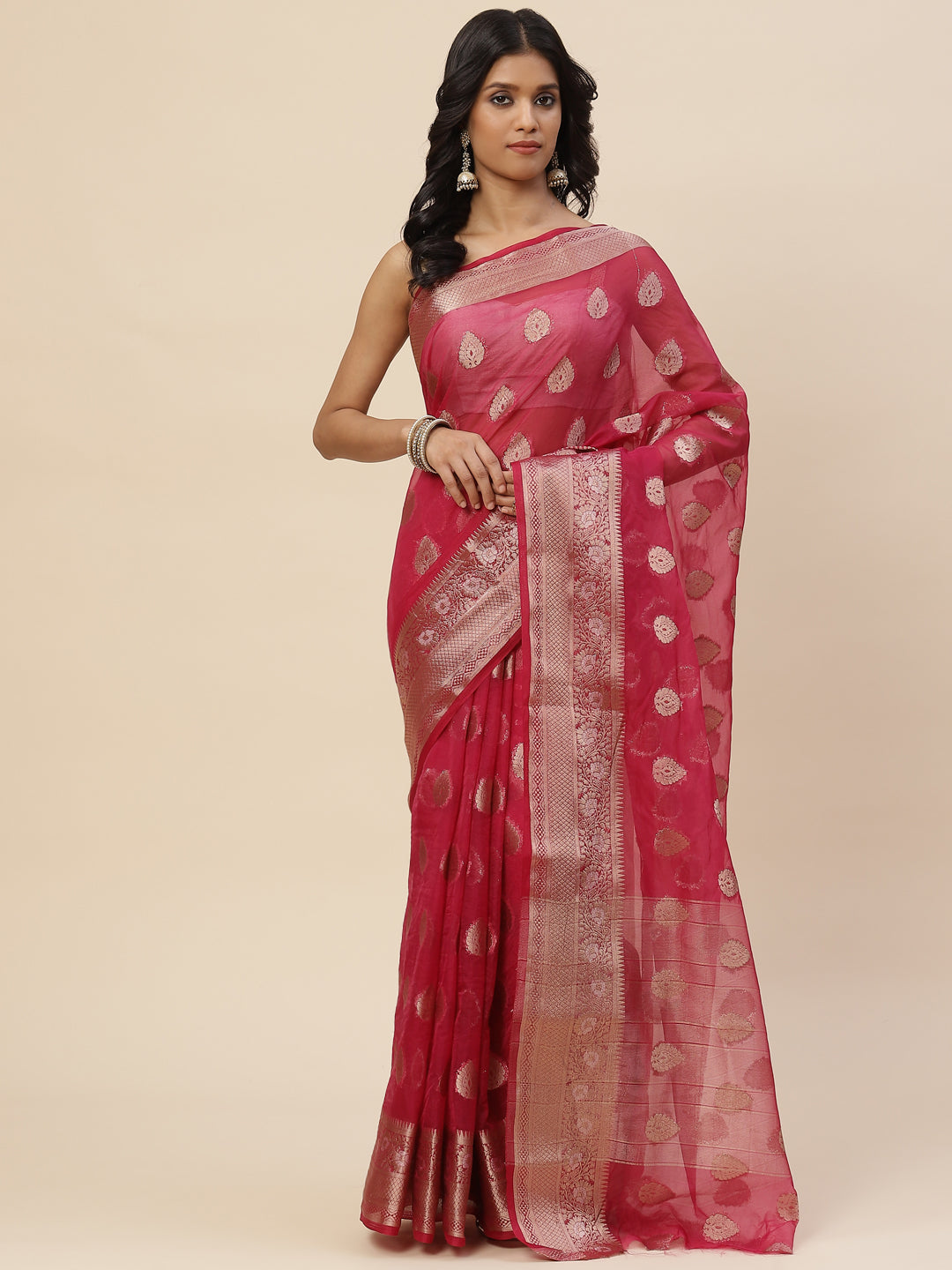 Zari Booti Organza Plain Saree