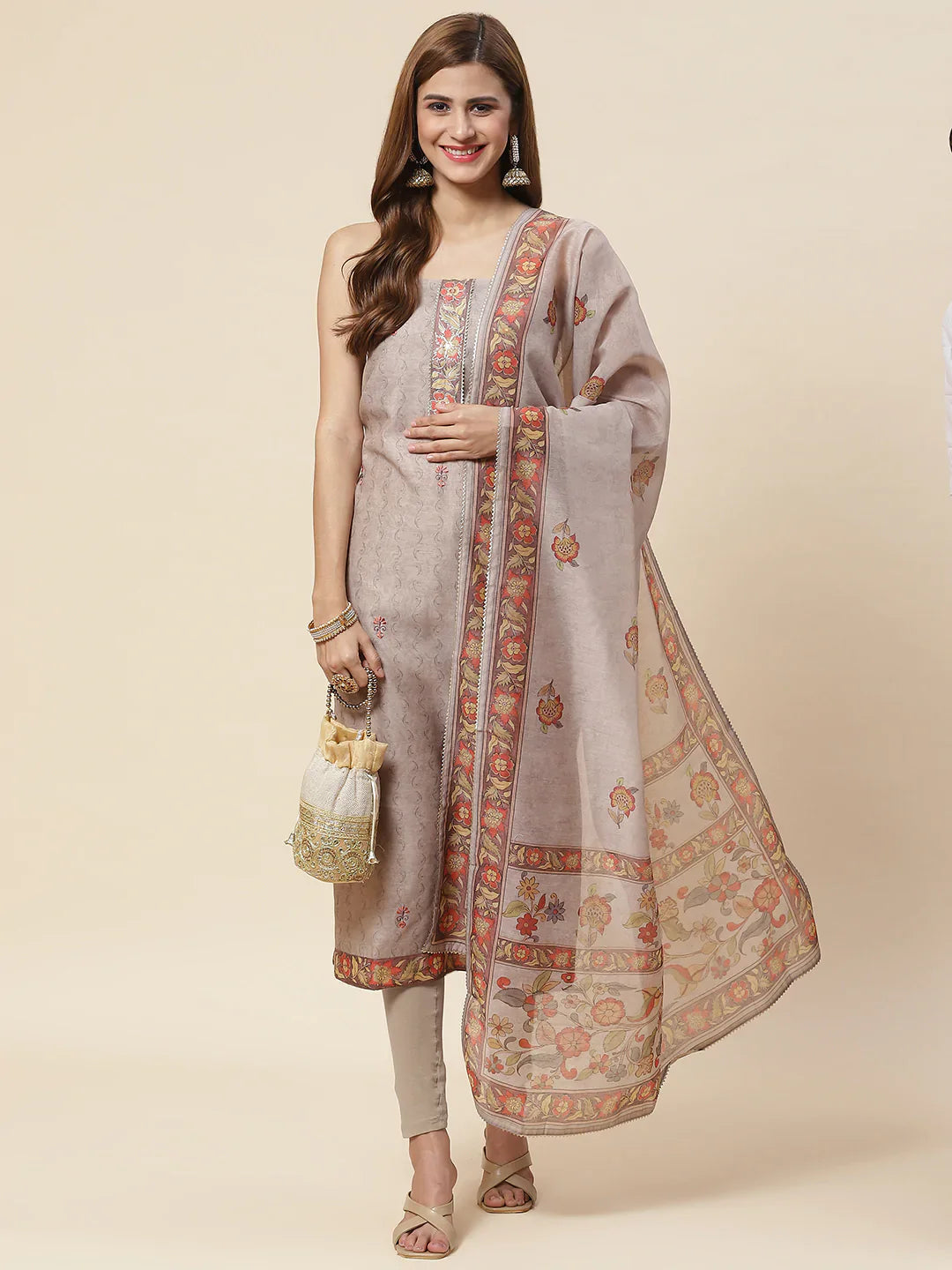 Printed Chanderi Unstitched Suit Piece With Dupatta