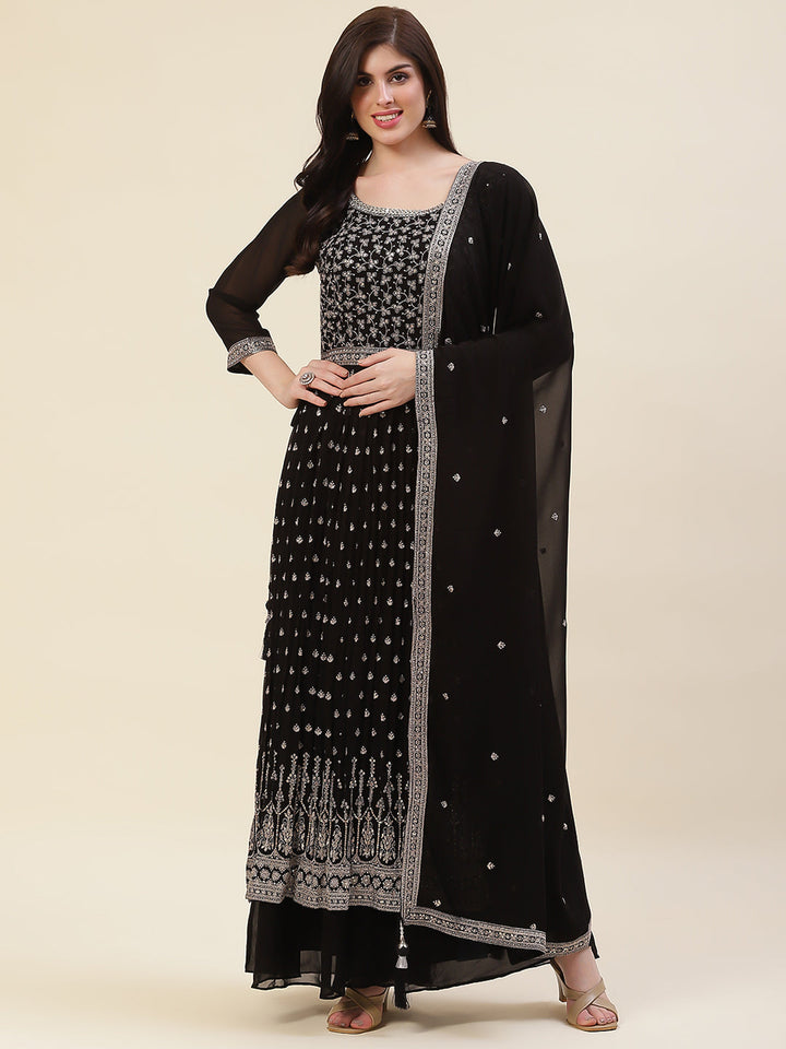 Zari Embroidered Georgette Kurta With Pants &amp; Dupatta