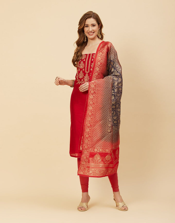 Embroidered Chanderi Suit Piece With Banarasi Dupatta
