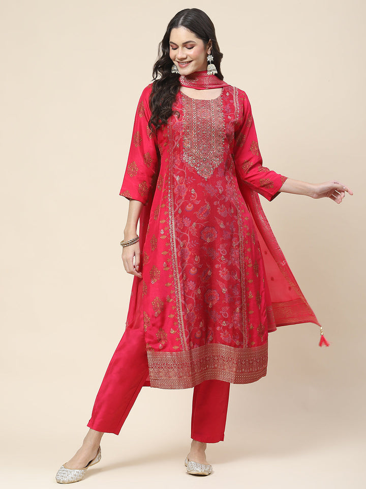 Floral Printed Handloom Kurta With Pants &amp; Dupatta