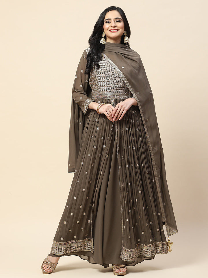 Sequin Embroidered Georgette Kurta With Sharara &amp; Dupatta