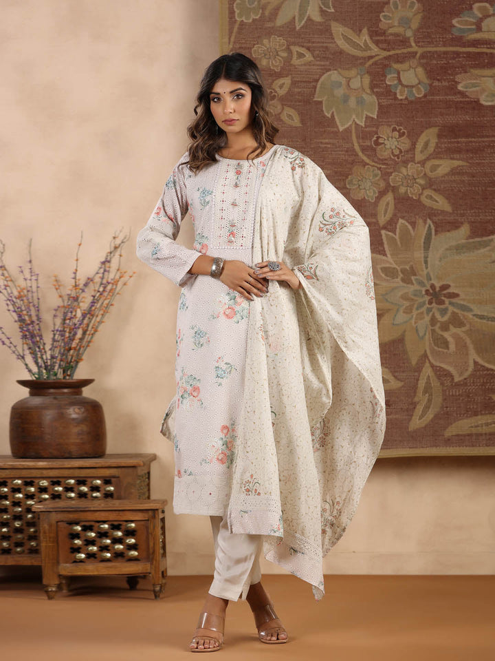 Printed Cotton Kurta With Pants &amp; Dupatta