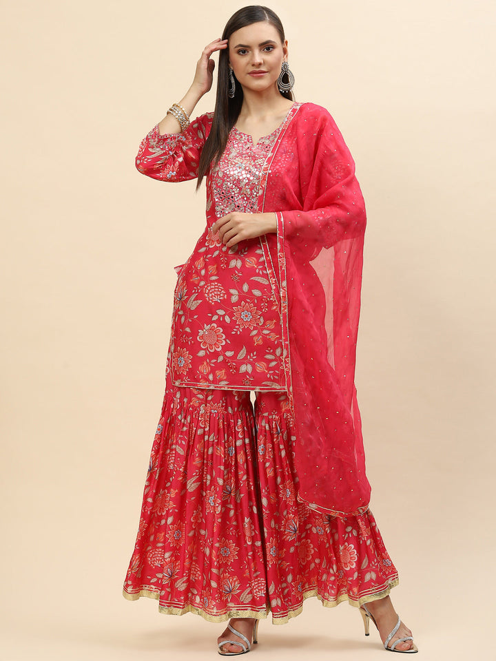 Floral Digital Printed Chanderi Kurta With Garara &amp; Dupatta