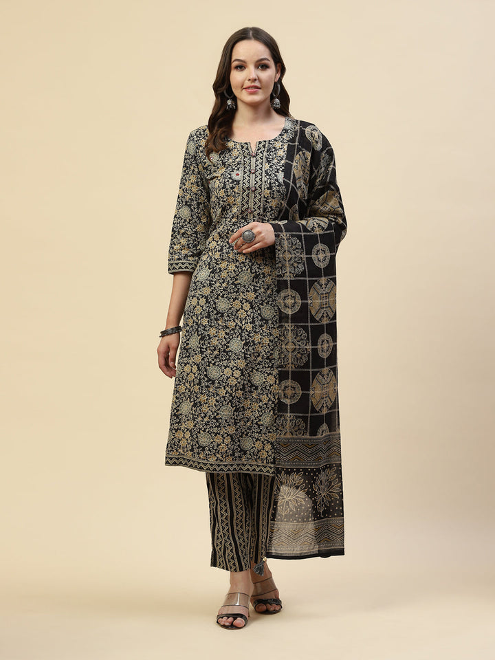 Printed Cotton Kurta With Pant &amp; Cotton Dupatta