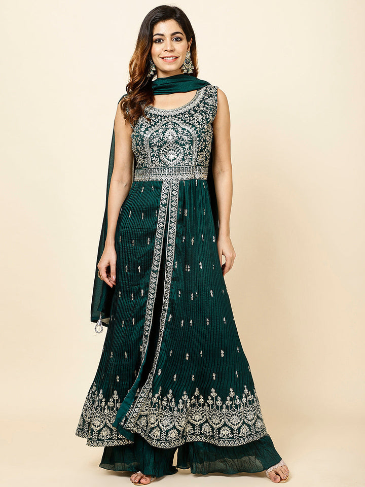 Zari Embroidered Handloom Kurta With Palazzo &amp; Dupatta
