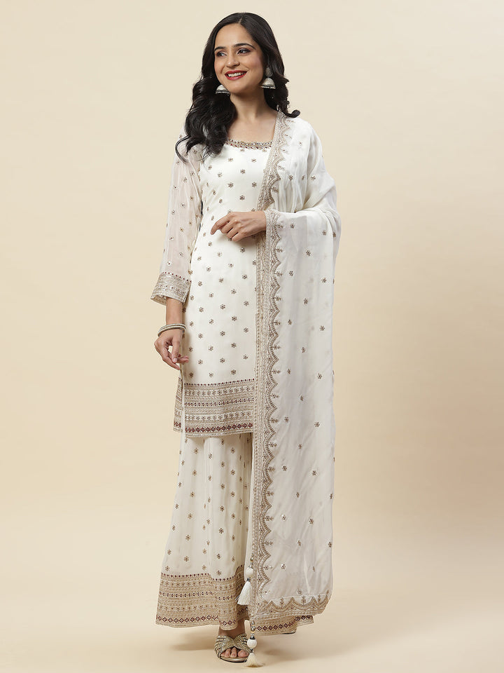Zari Embroidered Georgette Kurti With Sharara &amp; Dupatta