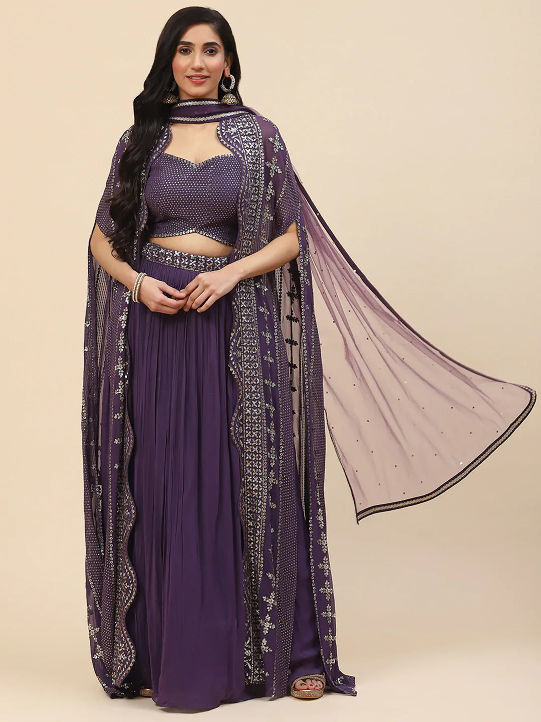 Sequin Embroidered Georgette Lehenga Choli With Dupatta &amp; Jacket