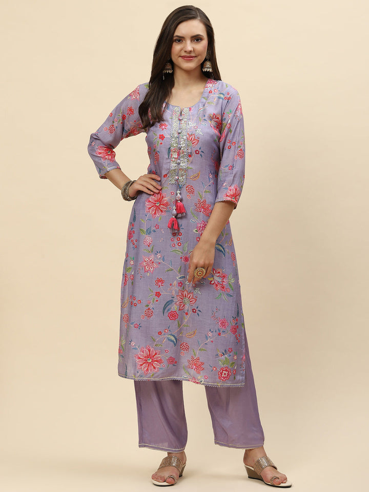 Neck Patti &amp; Floral Printed Muslin Kurta With Pants