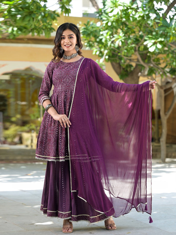 Bandhej Printed Cotton Kurta With Garara &amp; Dupatta