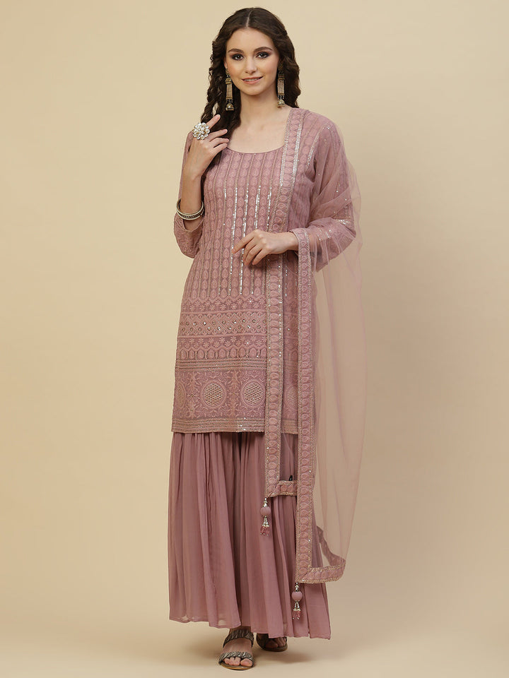 Resham Sequin Embroidered Georgette Kurta With Palazzo &amp; Dupatta
