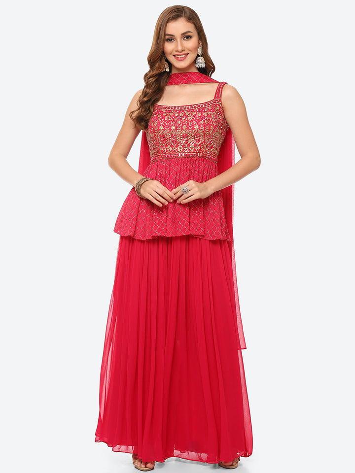 Sequin Work Georgette Peplum Kurti With Garara &amp; Net Dupatta