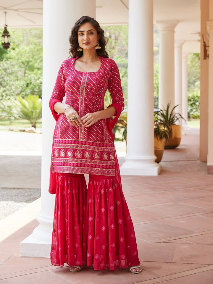 Sequin Georgette Kurti With Sharara &amp; Net Dupatta