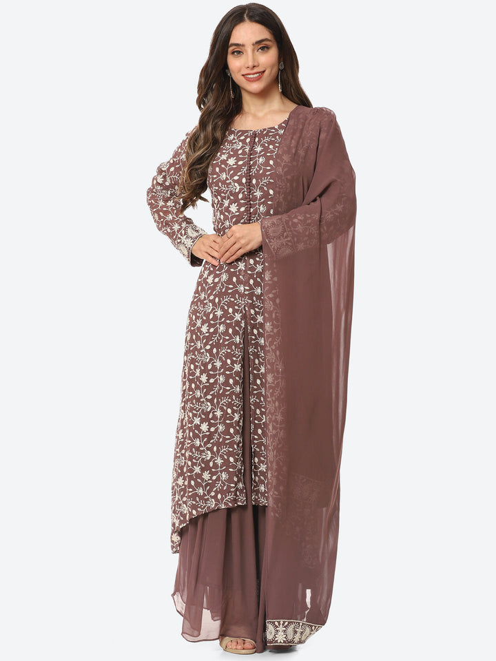 Resham Jaal Georgette Kurta With Palazzo &amp; Dupatta